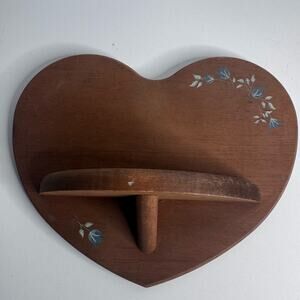 Vintage Oak Heart Shelf Blue Tulip Stencil Country Cottage Folk Art Wall Decor